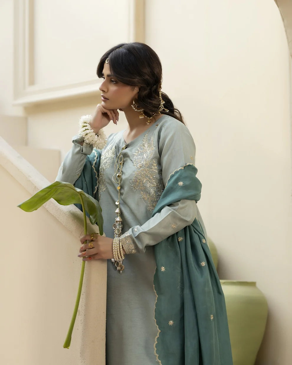 Raw Silk Embroidered Aqua Partywear Suit