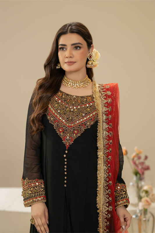 Hand Embroidered Black Pure Chiffon Suit