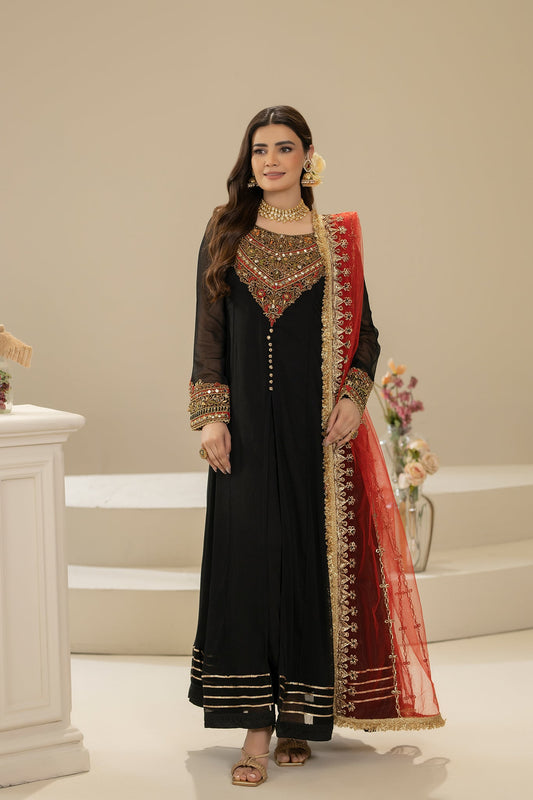 Hand Embroidered Black Pure Chiffon Suit