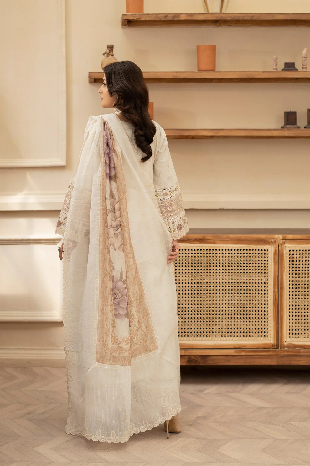 Champagne Cream Heavy Embroidered Chikankari Suit with Long Shirt