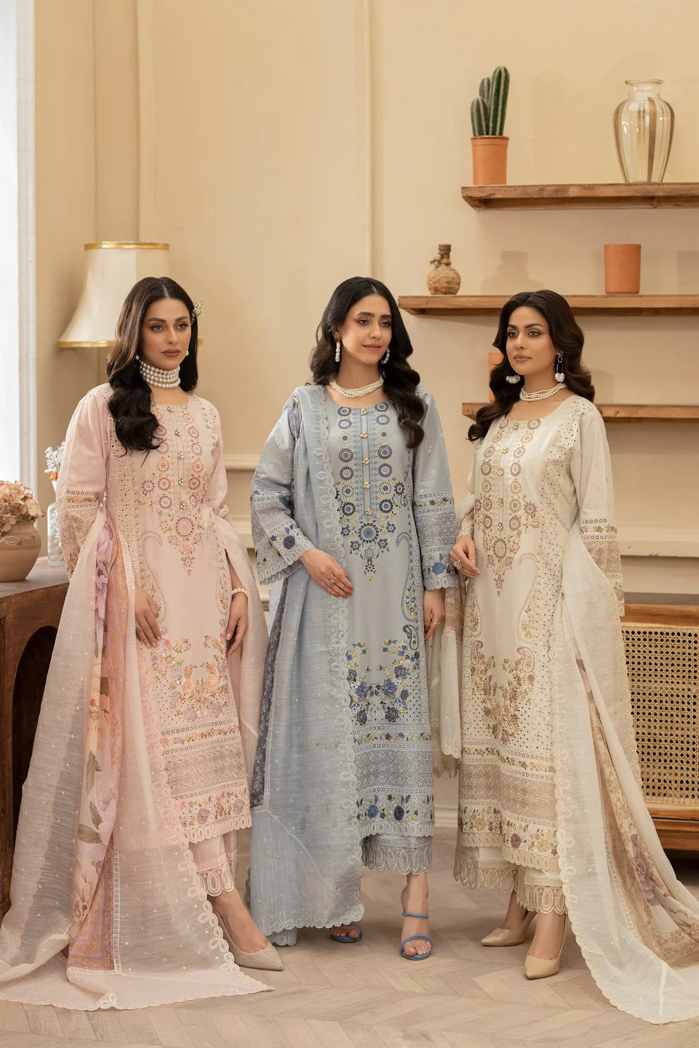 Champagne Cream Heavy Embroidered Chikankari Suit with Long Shirt