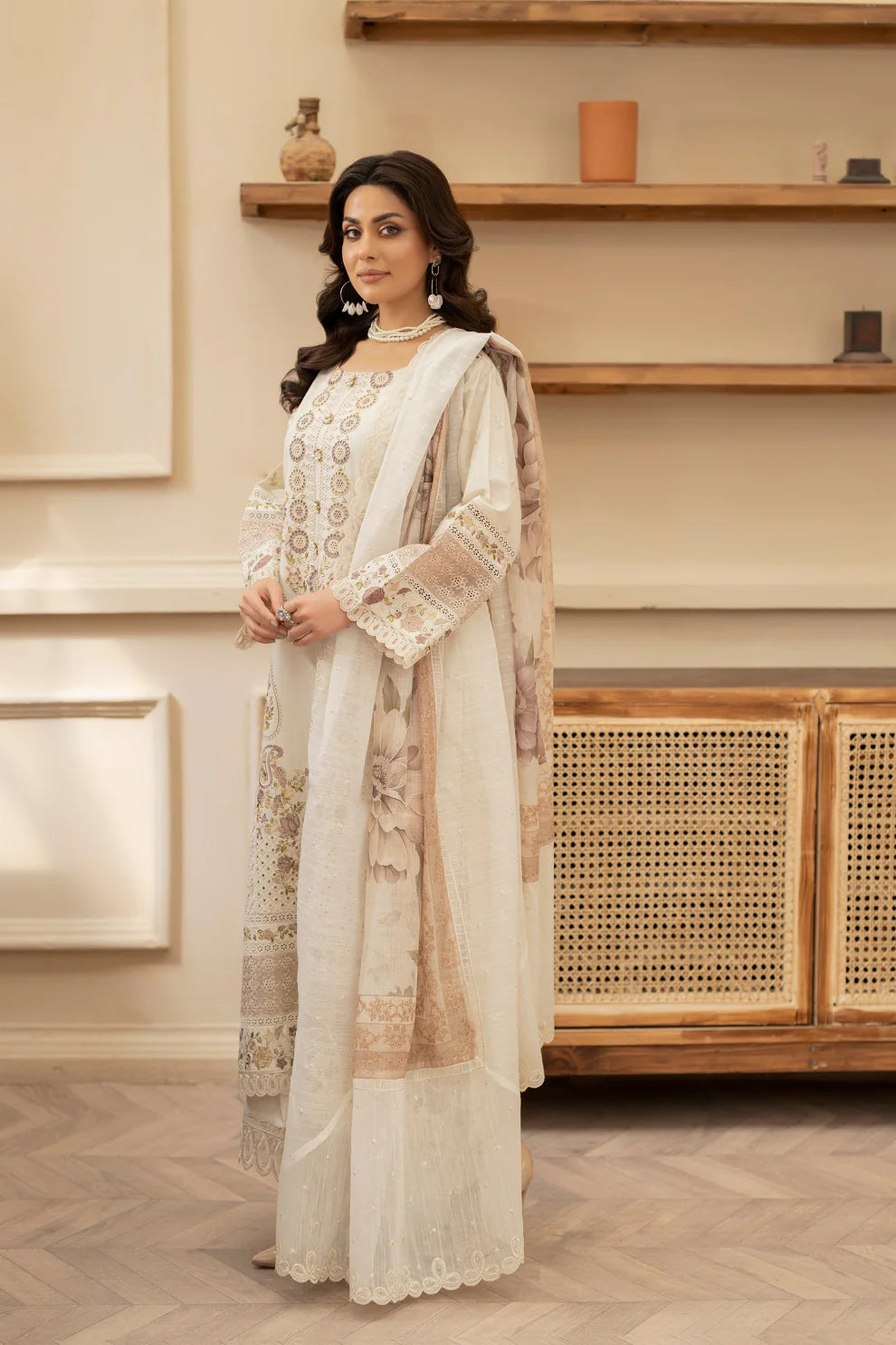Champagne Cream Heavy Embroidered Chikankari Suit with Long Shirt
