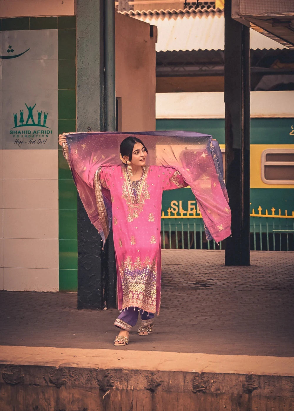Pink & Purple Chiffon Embellished Suit