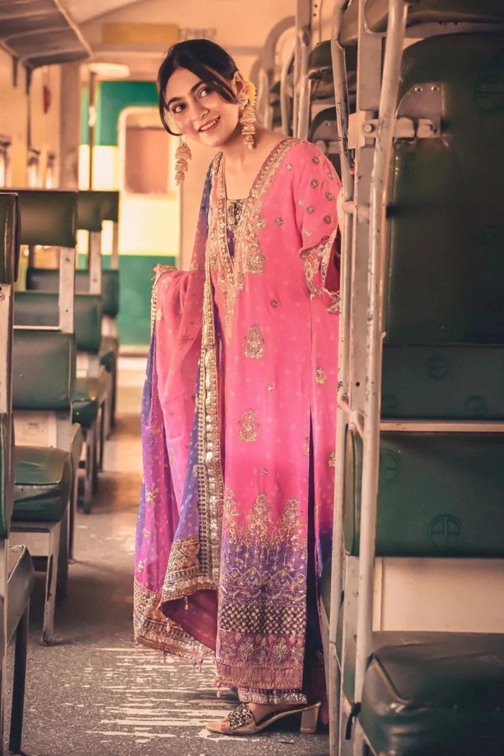 Pink & Purple Chiffon Embellished Suit