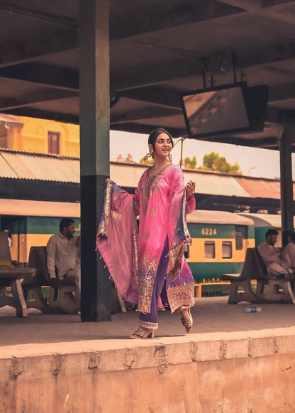 Pink & Purple Chiffon Embellished Suit