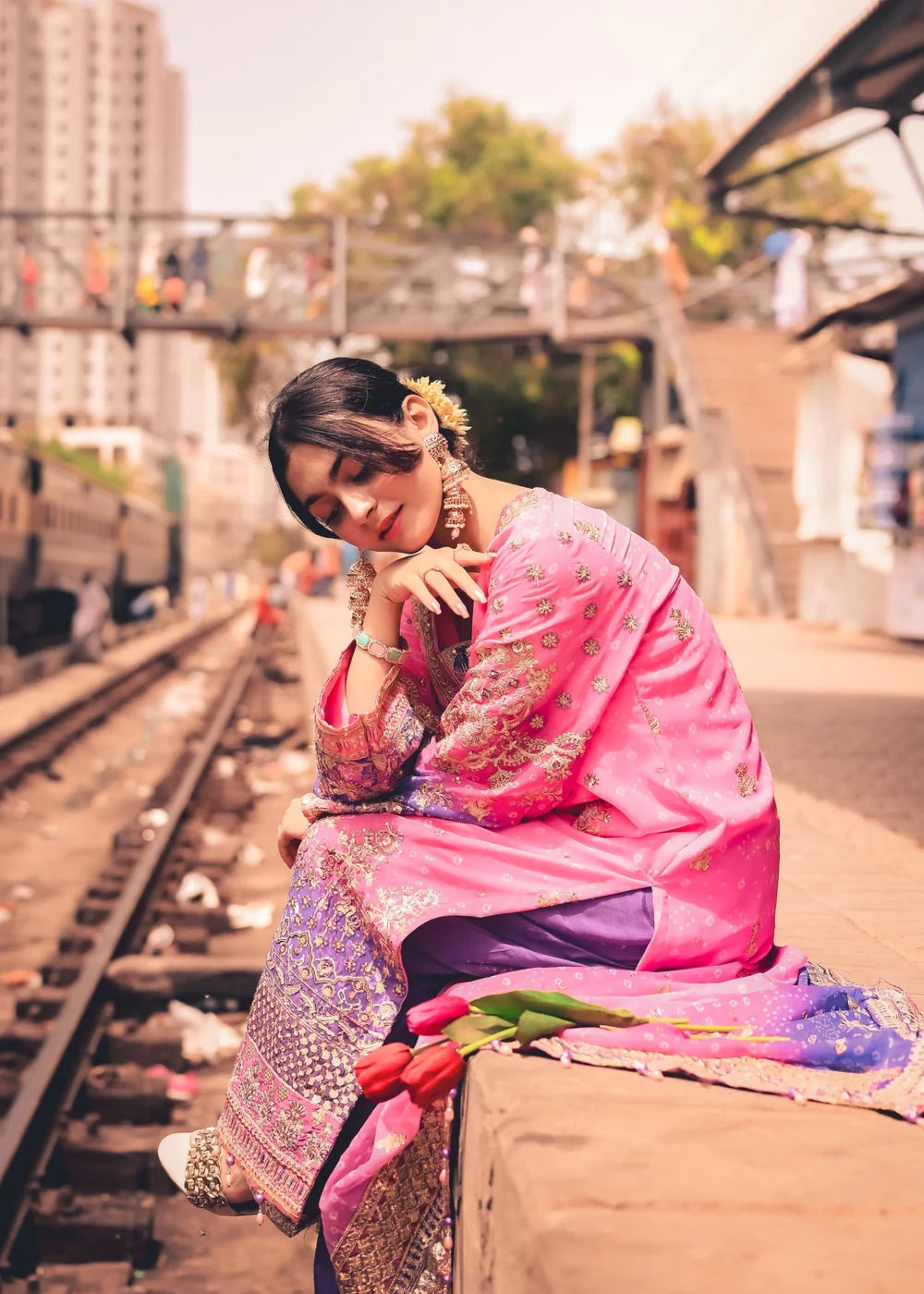 Pink & Purple Chiffon Embellished Suit