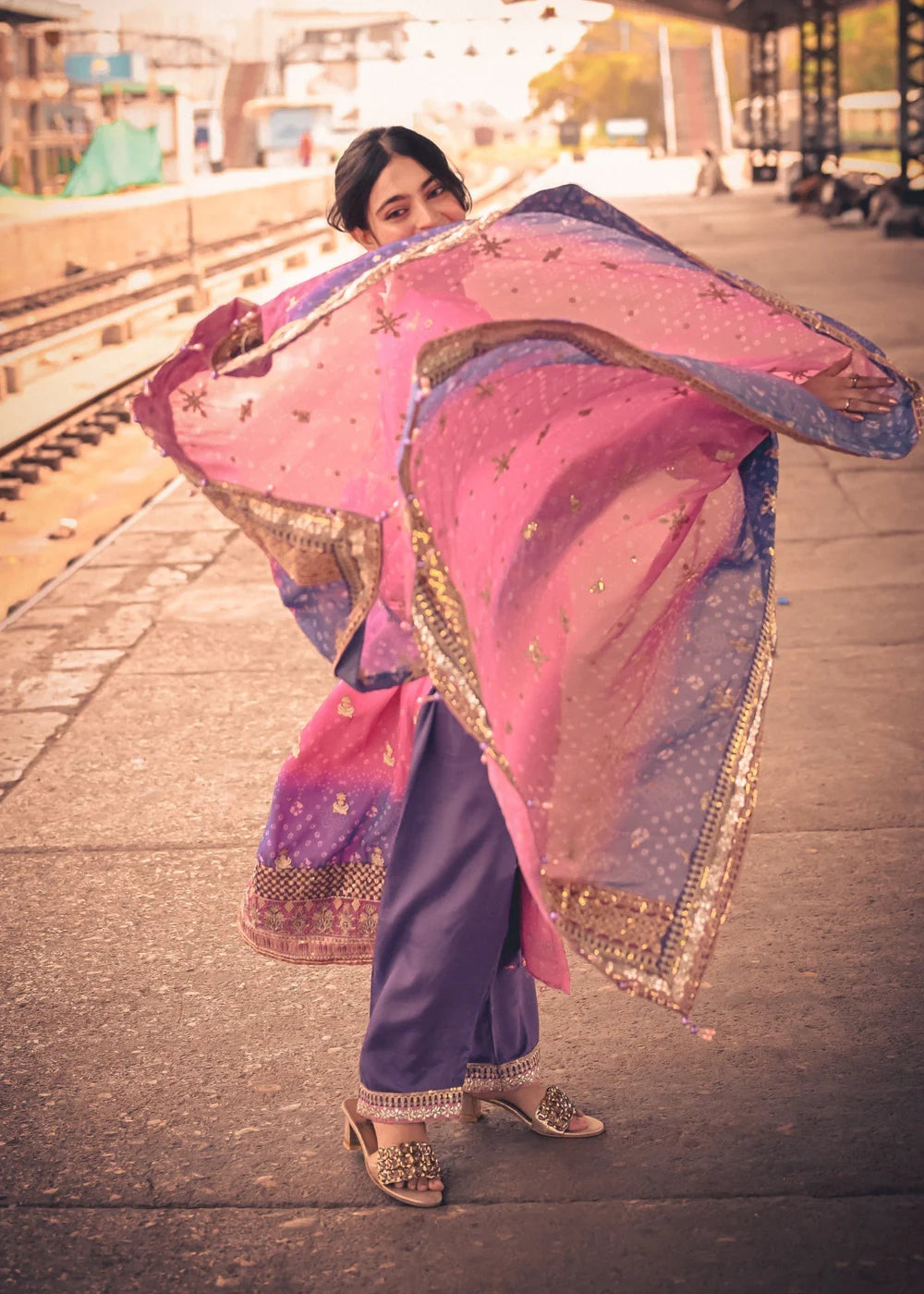 Pink & Purple Chiffon Embellished Suit