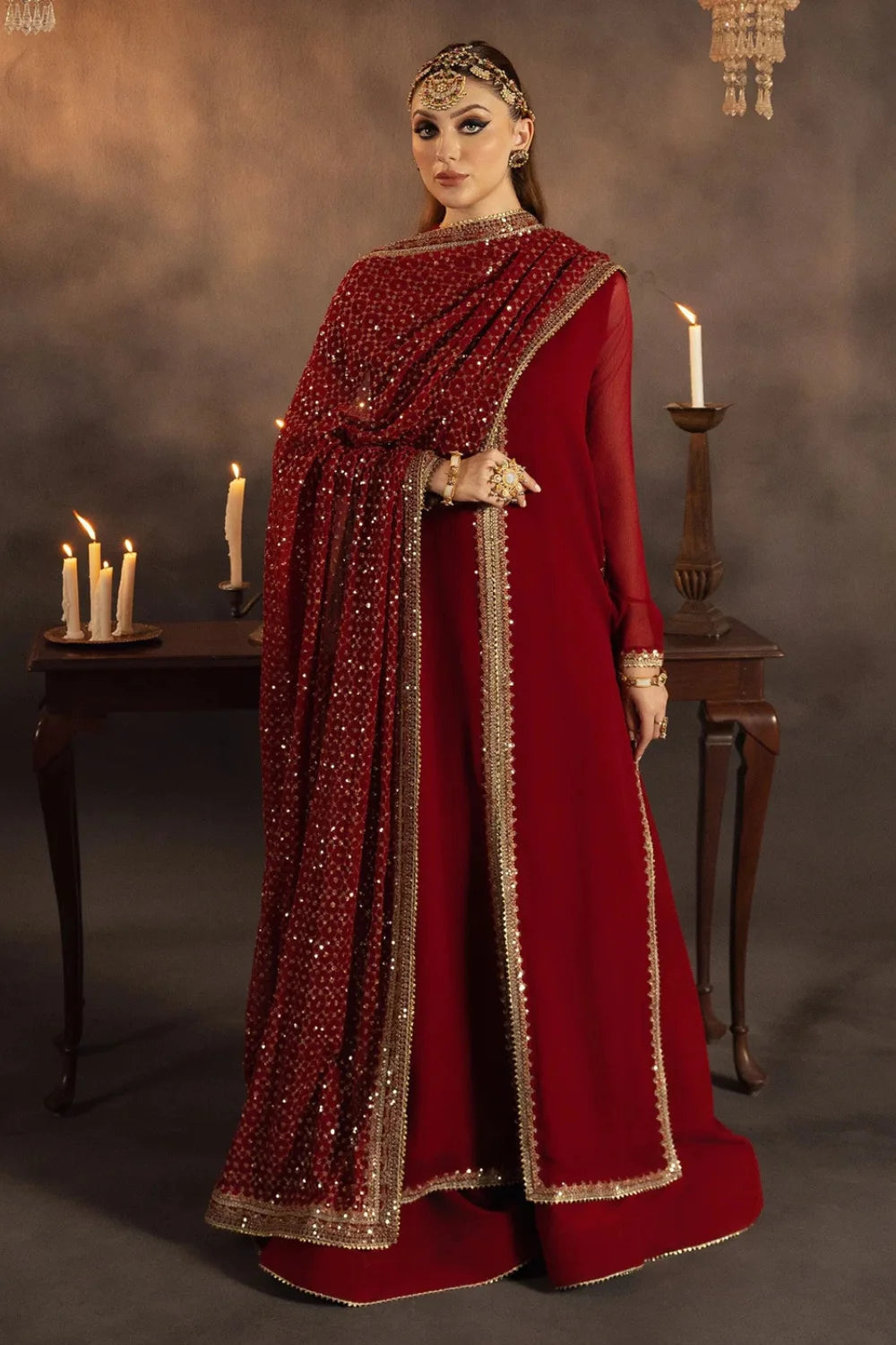 Red Chiffon Sequins Embroidered Sharara Size Large