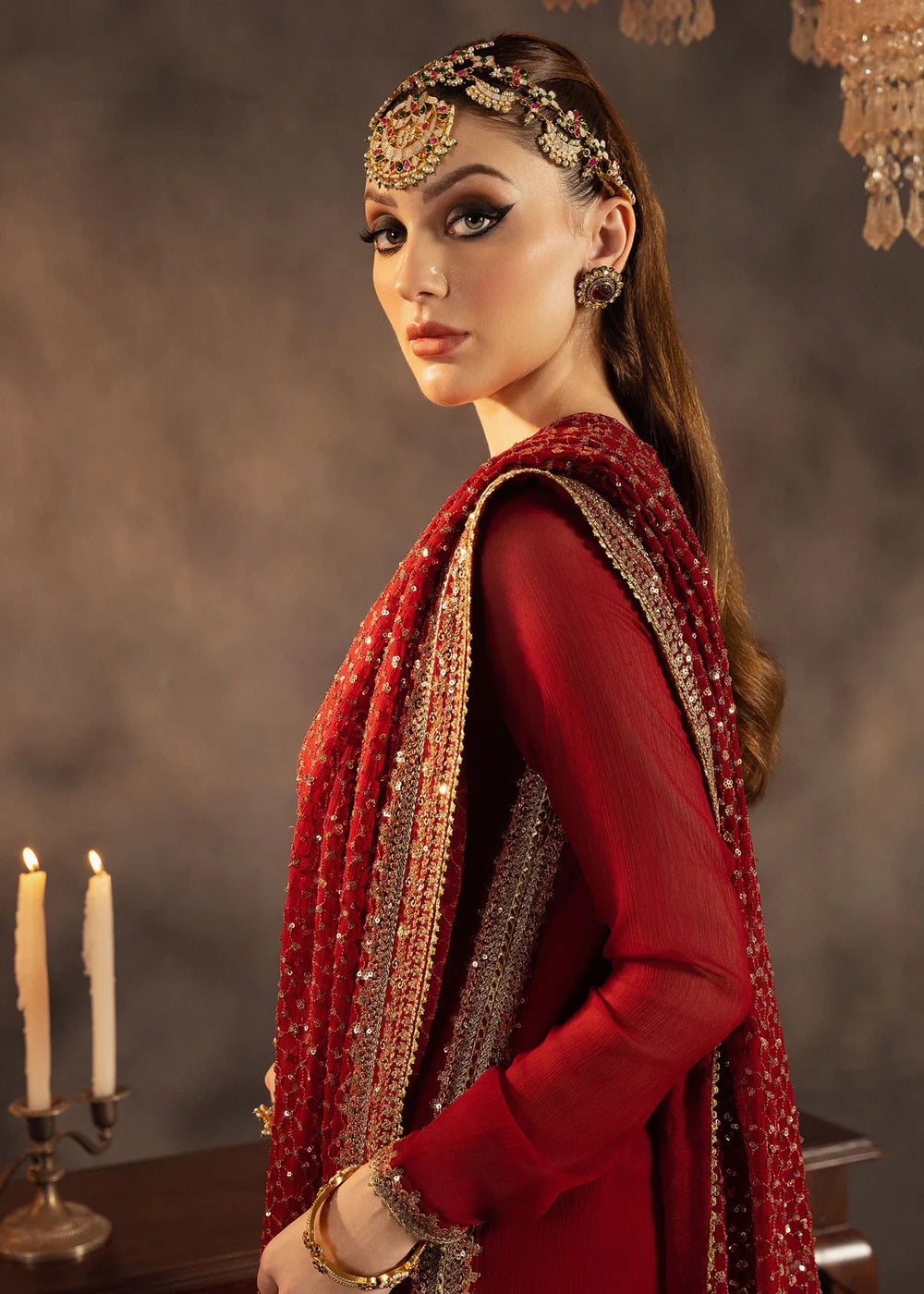 Red Chiffon Sequins Embroidered Sharara Size Large