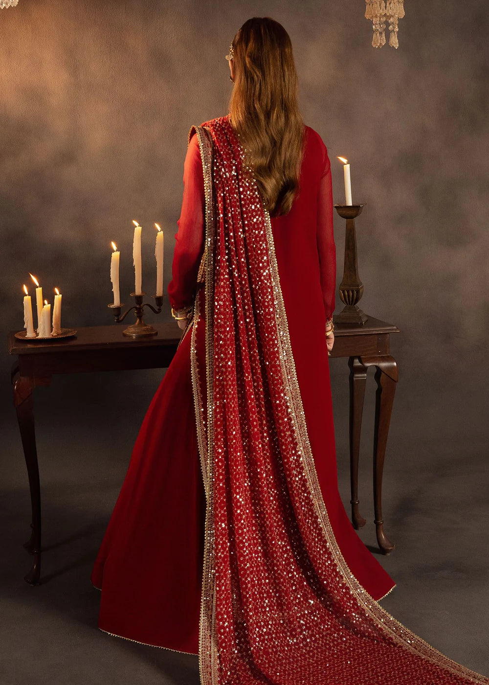 Red Chiffon Sequins Embroidered Sharara Size Large