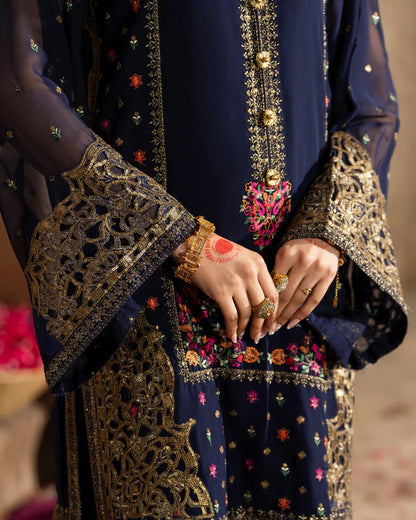 Navy Blue Georgette Farshi Shalwar Suit with Cutwork & 3D Work