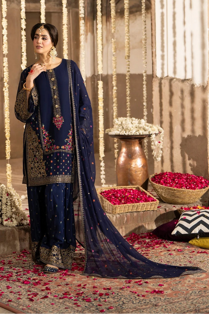 Navy Blue Georgette Farshi Shalwar Suit with Cutwork & 3D Work
