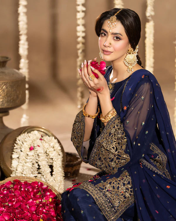 Navy Blue Georgette Farshi Shalwar Suit with Cutwork & 3D Work
