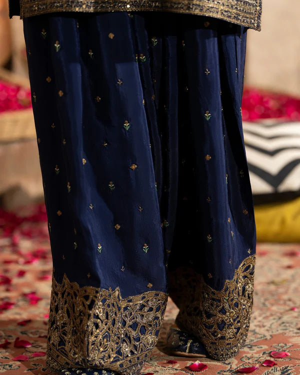 Navy Blue Georgette Farshi Shalwar Suit with Cutwork & 3D Work