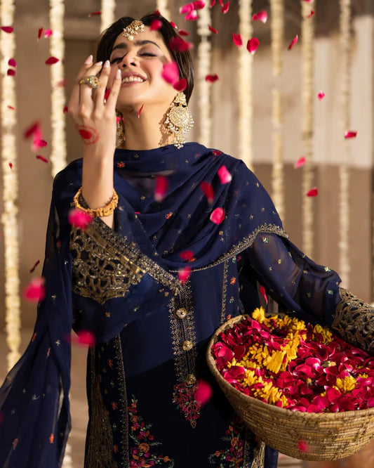 Navy Blue Georgette Farshi Shalwar Suit with Cutwork & 3D Work Size M