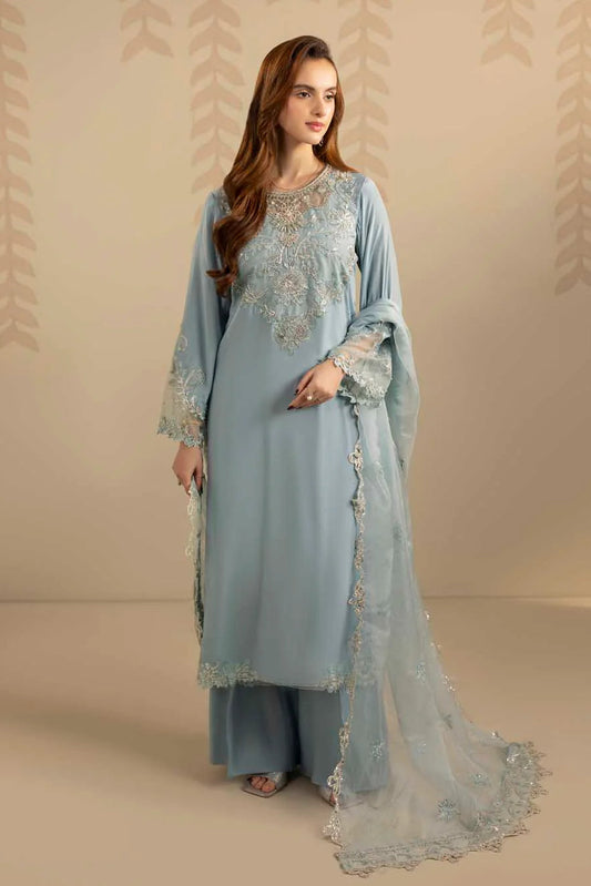 Ice Blue Embellished Raw Silk Suit