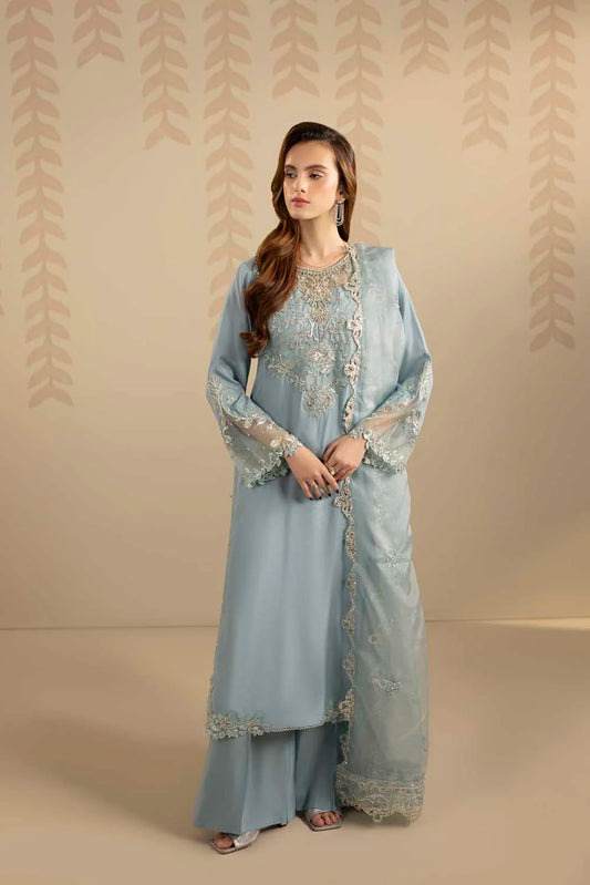 Ice Blue Embellished Raw Silk Suit