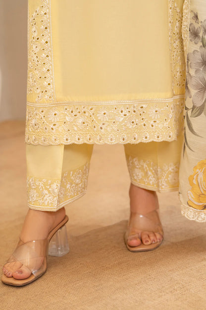 Pastel Yellow Pure Cotton Chikankari Suit