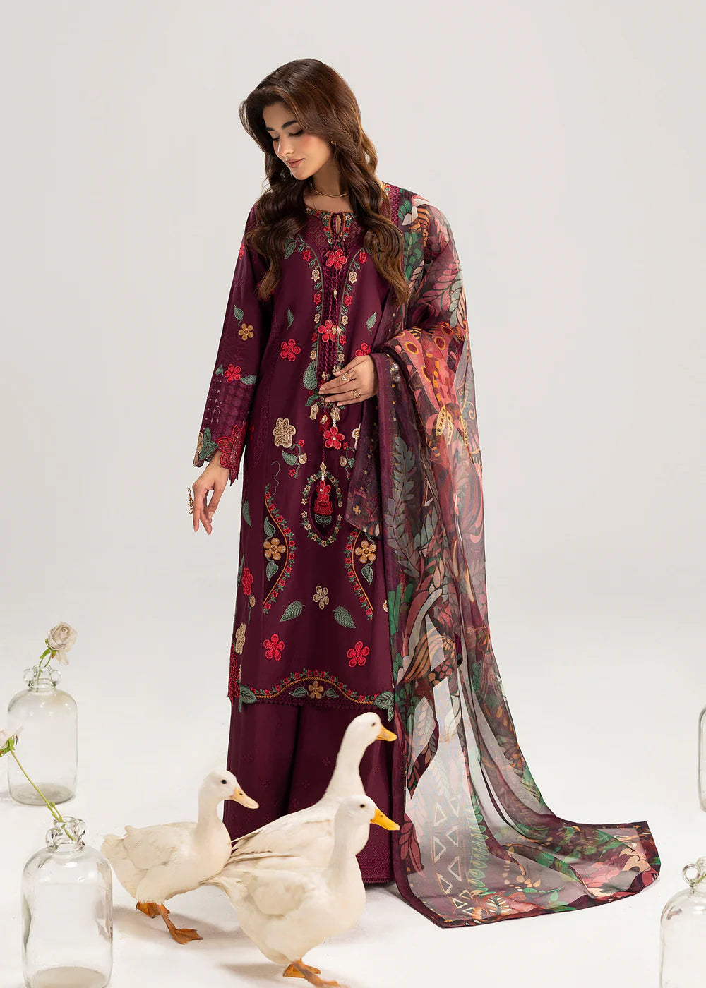 Wine Embroidered Premium Lawn Suit with Embroidered Trousers
