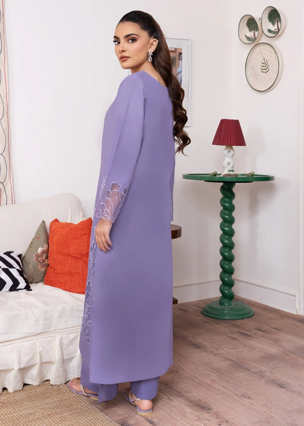 Lilac Long Kurta Set with Applique Work