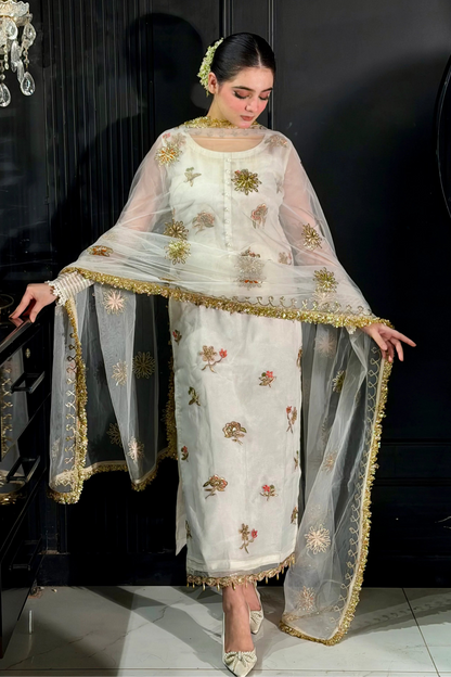 Hand Embroidered White Partywear Suit