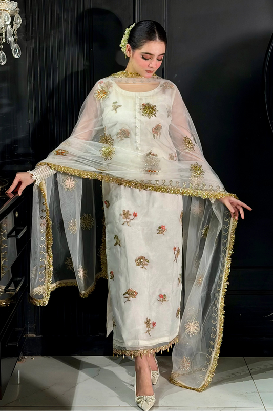 Hand Embroidered White Partywear Suit