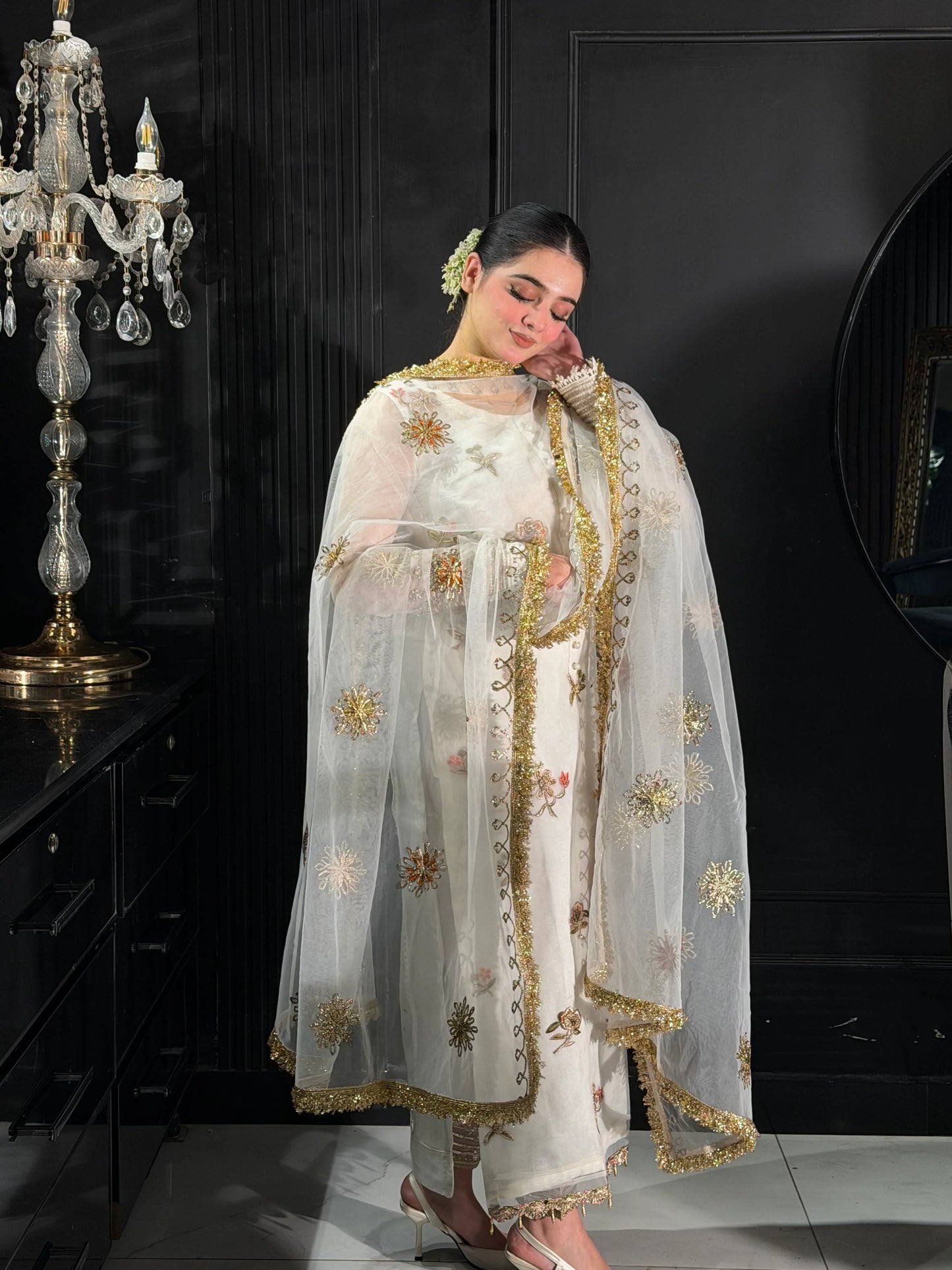 Hand Embroidered White Partywear Suit