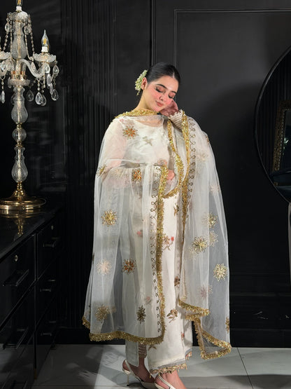 Hand Embroidered White Partywear Suit
