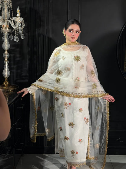 Hand Embroidered White Partywear Suit