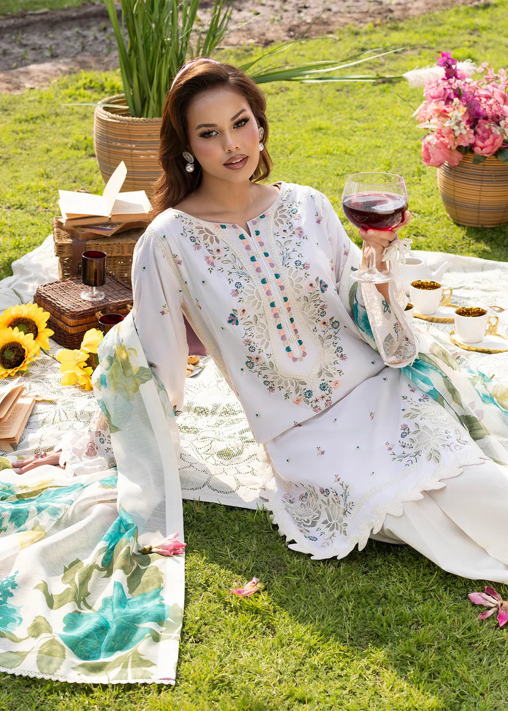 Ivory Lawn Suit with Short Shirt & Patchwork Embroidery