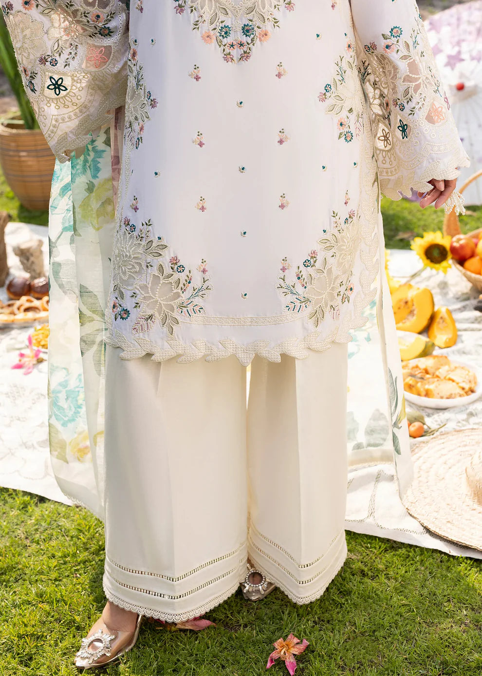 Ivory Lawn Suit with Short Shirt & Patchwork Embroidery