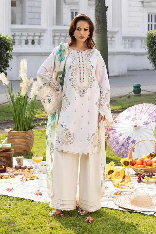Ivory Lawn Suit with Short Shirt & Patchwork Embroidery