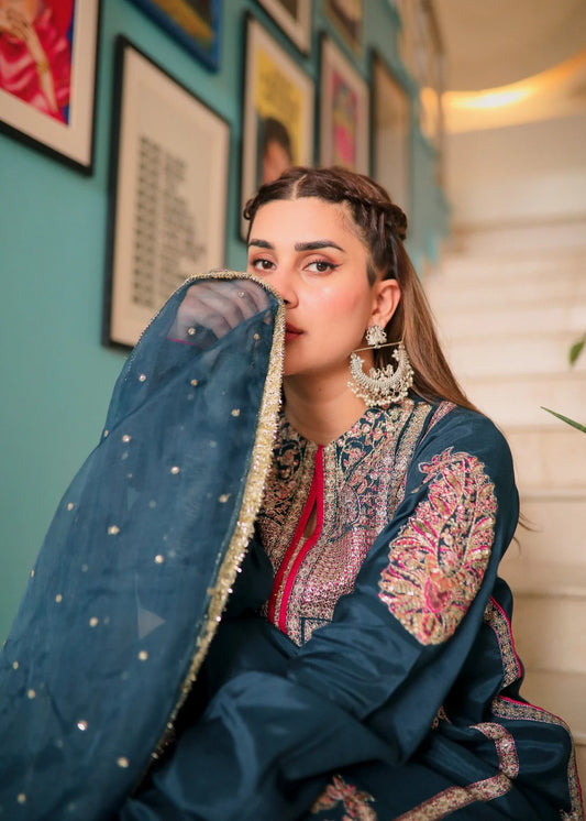 Blue Raw Silk Embroidered Elegant Suit with Long Shirt
