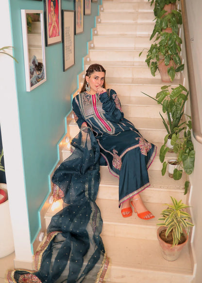 Blue Raw Silk Embroidered Elegant Suit with Long Kurta