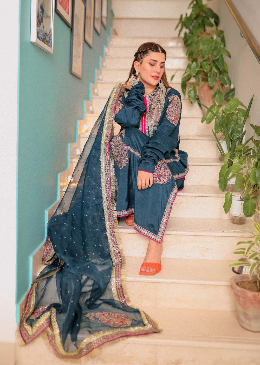 Blue Raw Silk Embroidered Elegant Suit with Long Kurta