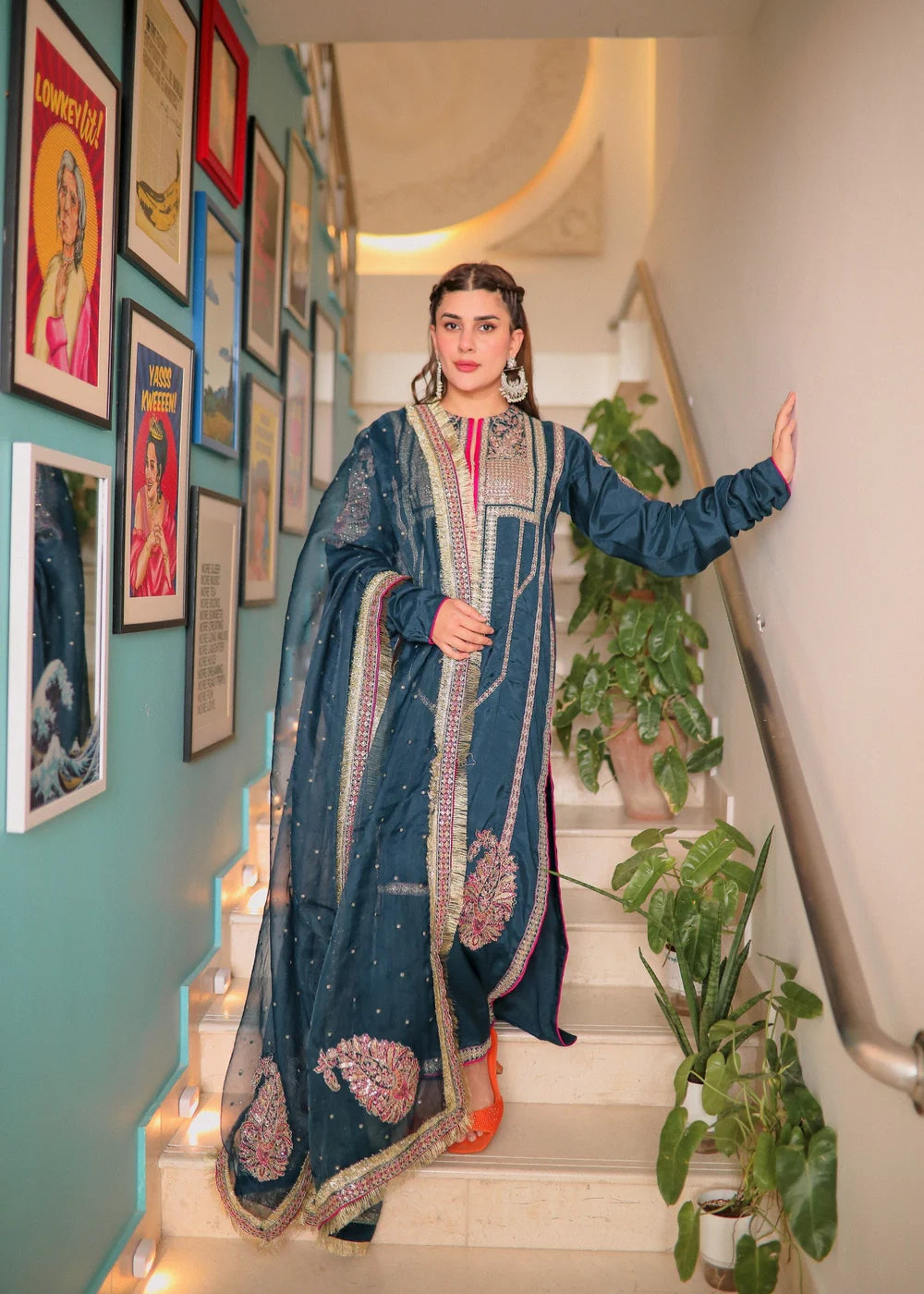 Blue Raw Silk Embroidered Elegant Suit with Long Kurta