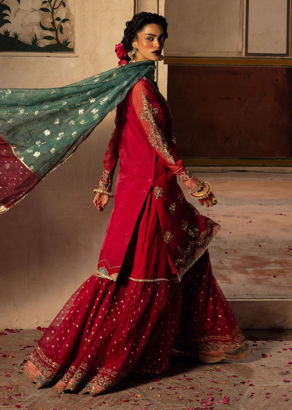 Burgundy Embellished Organza Gharara