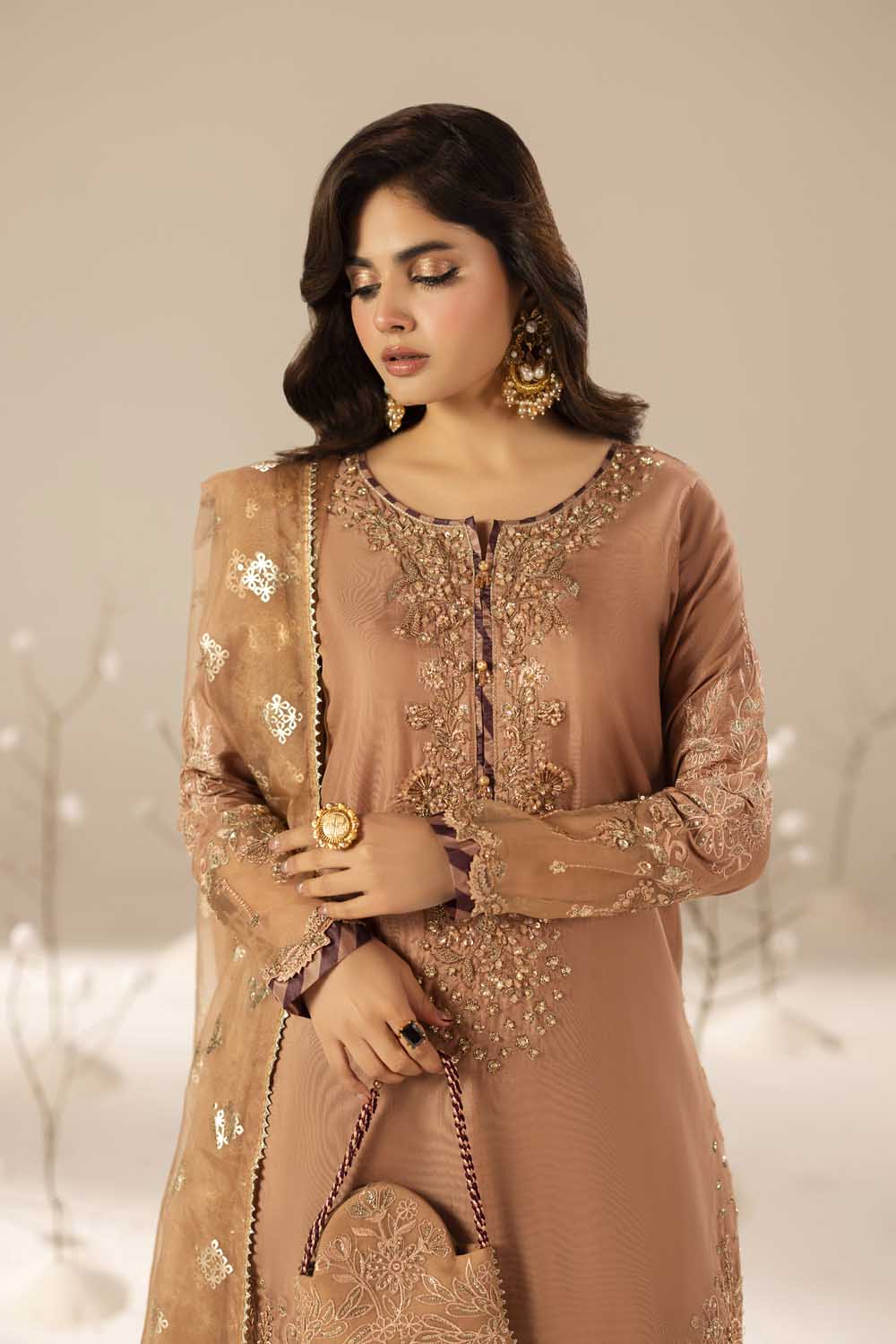 Tea Rose Pink Hand Embellished Suit with Crushed Silk Sharara
