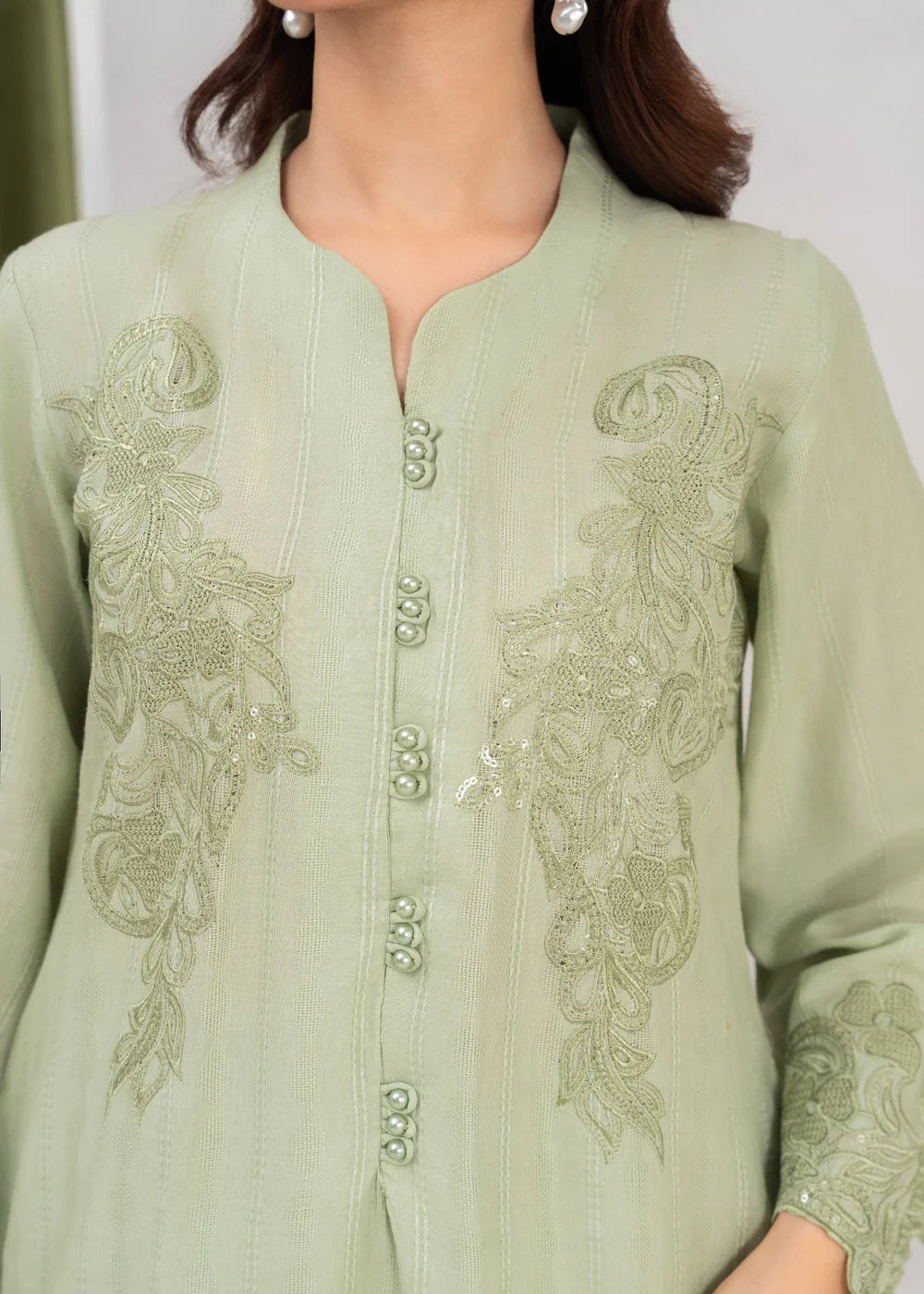 Pistachio Green Embroidered Khaddar Winter Kurta Set