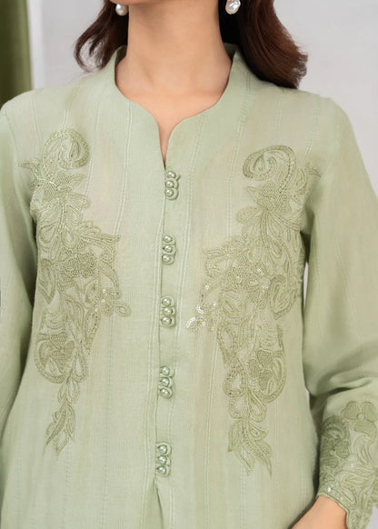 Pistachio Green Embroidered Khaddar Winter Kurta Set