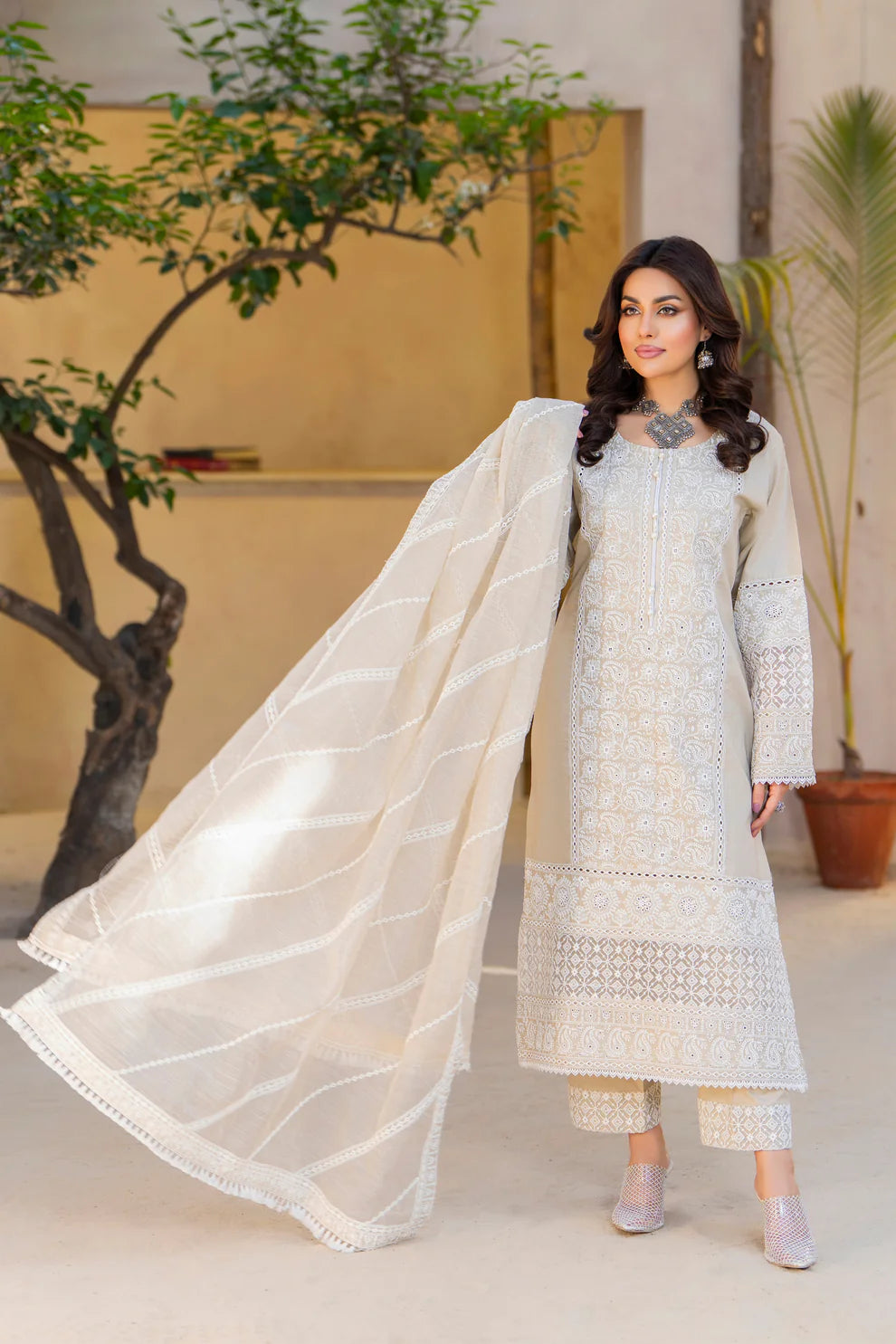 Beige Pure Cotton Suit with Matte Thread Work