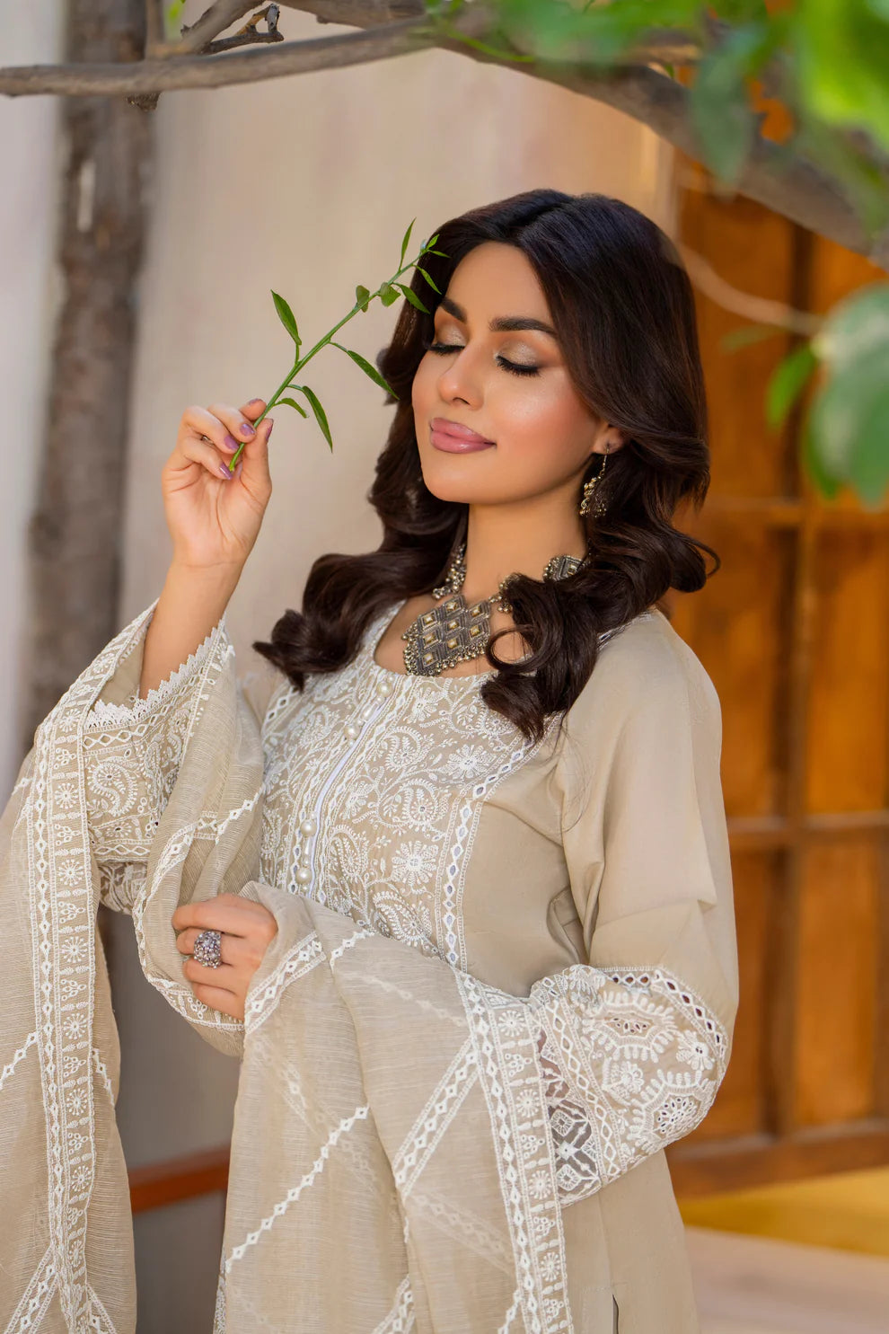 Beige Pure Cotton Suit with Matte Thread Work