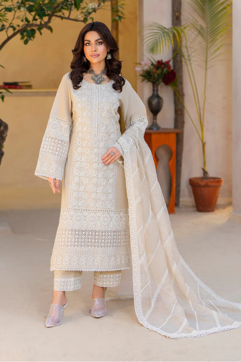 Beige Pure Cotton Suit with Matte Thread Work