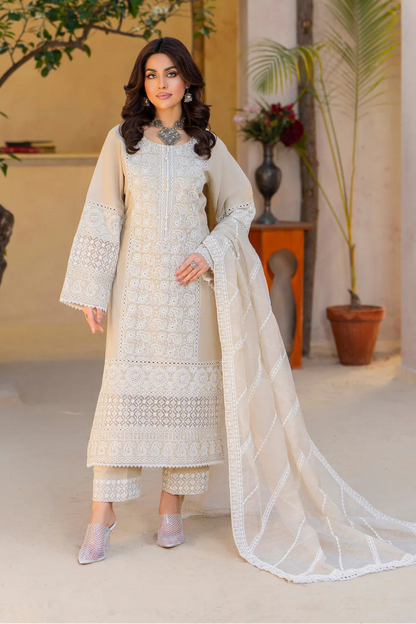 Beige Pure Cotton Suit with Matte Thread Work
