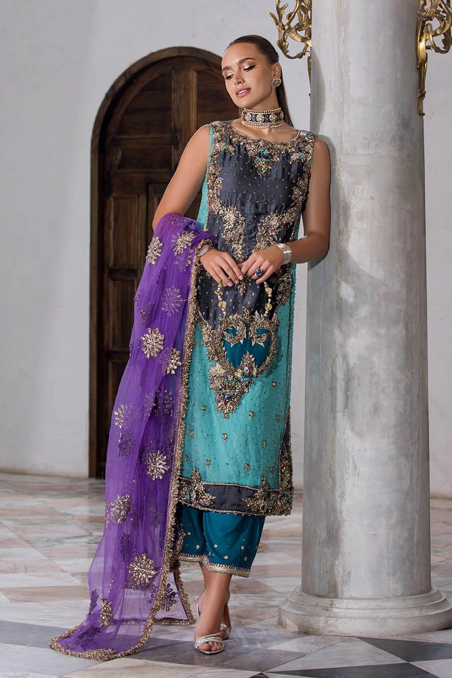 Hand Embroidered Turquoise Pure Organza Suit