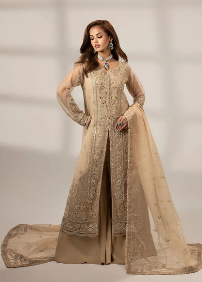 Tan Brown Front Open Style Organza Suit