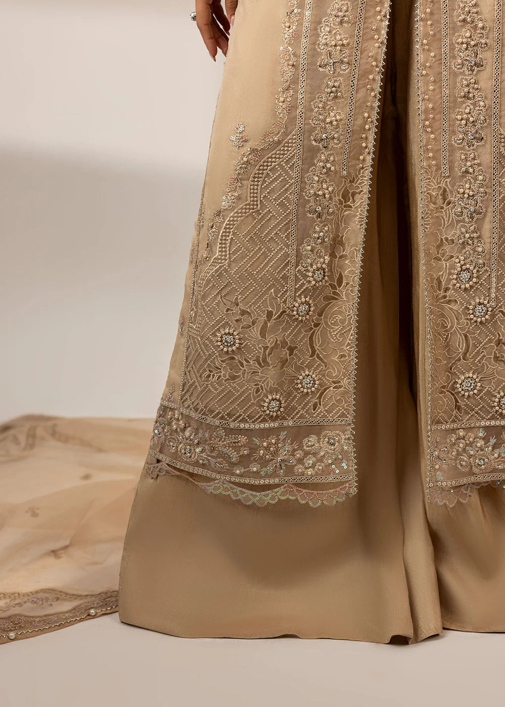 Tan Brown Front Open Style Organza Suit