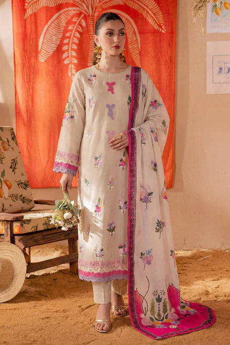 Beige Embroidered Cotton Kurta Set with Dupatta