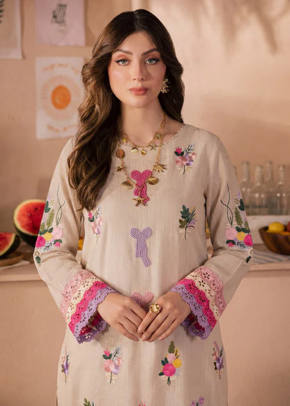 Beige Embroidered Cotton Kurta Set with Dupatta