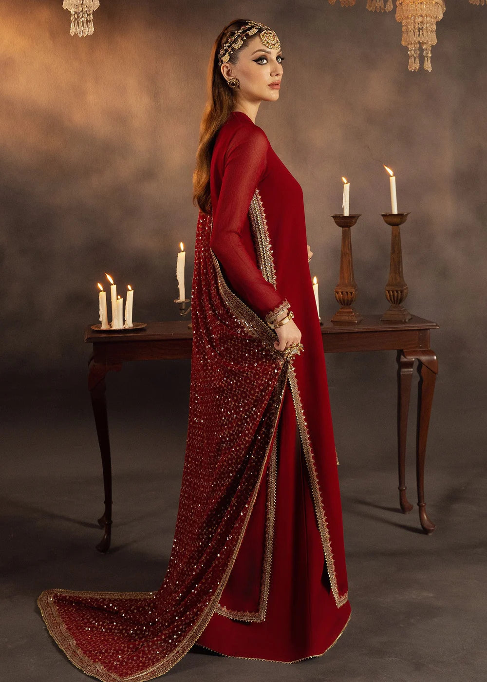 Red Chiffon Sequins Embroidered Sharara Size Large